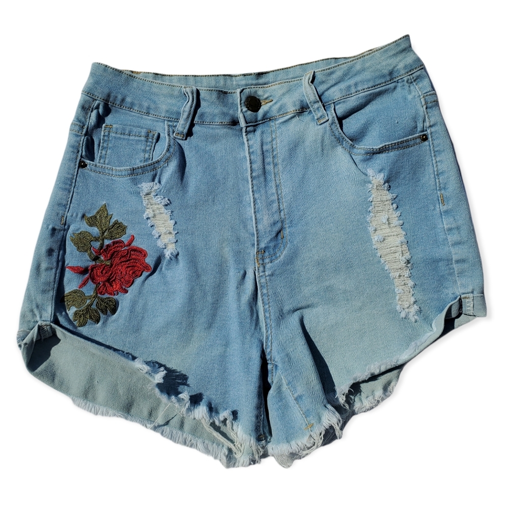 Palmer Heritage Rose Embroidered Denim Shorts.